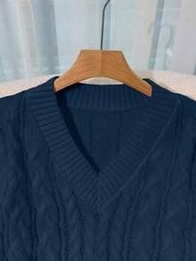 SHEIN Franclia 全新宽松柔软甜美粉色休闲设计 V 领粗针织套头衫，适合女士，百搭 - 藏蓝色 - 查看 3