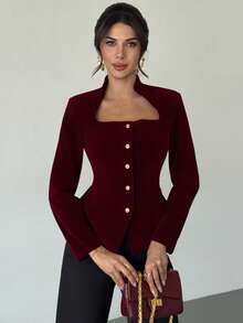 Firerie 女士优雅精致浪漫通勤休闲时尚新款街头风立领龙纹镂空金属扣腰A字下摆长袖酒红色衬衫，圣诞节，红色上衣，圣诞节 - 酒紅色 - 查看 3