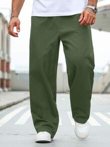 Manfinity Homme Quần dài thường ngày rộng rãi có túi rút eo màu trơn cỡ lớn dành cho nam, mùa thu - xanh quân đội - Xem 3