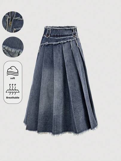 Girlism 少女时尚休闲 Y2K 复古酷炫街头风回归校园学院怀旧复古水洗流苏蓝色牛仔褶裥中长裙，适合少女日常穿着，以及少女秋冬季锐舞派对和街头服饰。