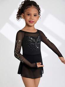年轻女孩花样滑冰裙，专业运动，日常训练，校园比赛，时尚黑色水钻图案，插肩袖，防走光裙摆设计，高弹舒适花样滑冰裙 - 黑色 - 查看 3