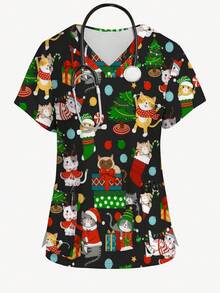 PopScrub 加大码女式圣诞猫拆礼物、圣诞树和彩灯印花 V 领短袖束腰上衣，带口袋和耳孔，适合护士制服 - 彩色 - 查看 3