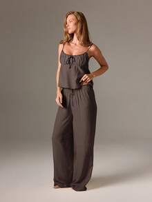 AiiRZ 吊带背心和阔腿裤睡衣套装，配有抽绳细节和可调节肩带，家居服睡衣 - 巧克力棕 - 查看 4