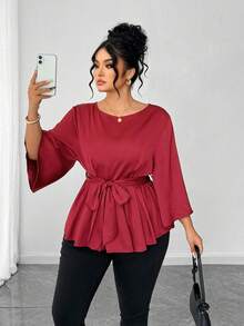 Elenzga Plus Size Round Neck Bell Sleeve Cinched Waist A-Line Blouse - Burgundy - View 1