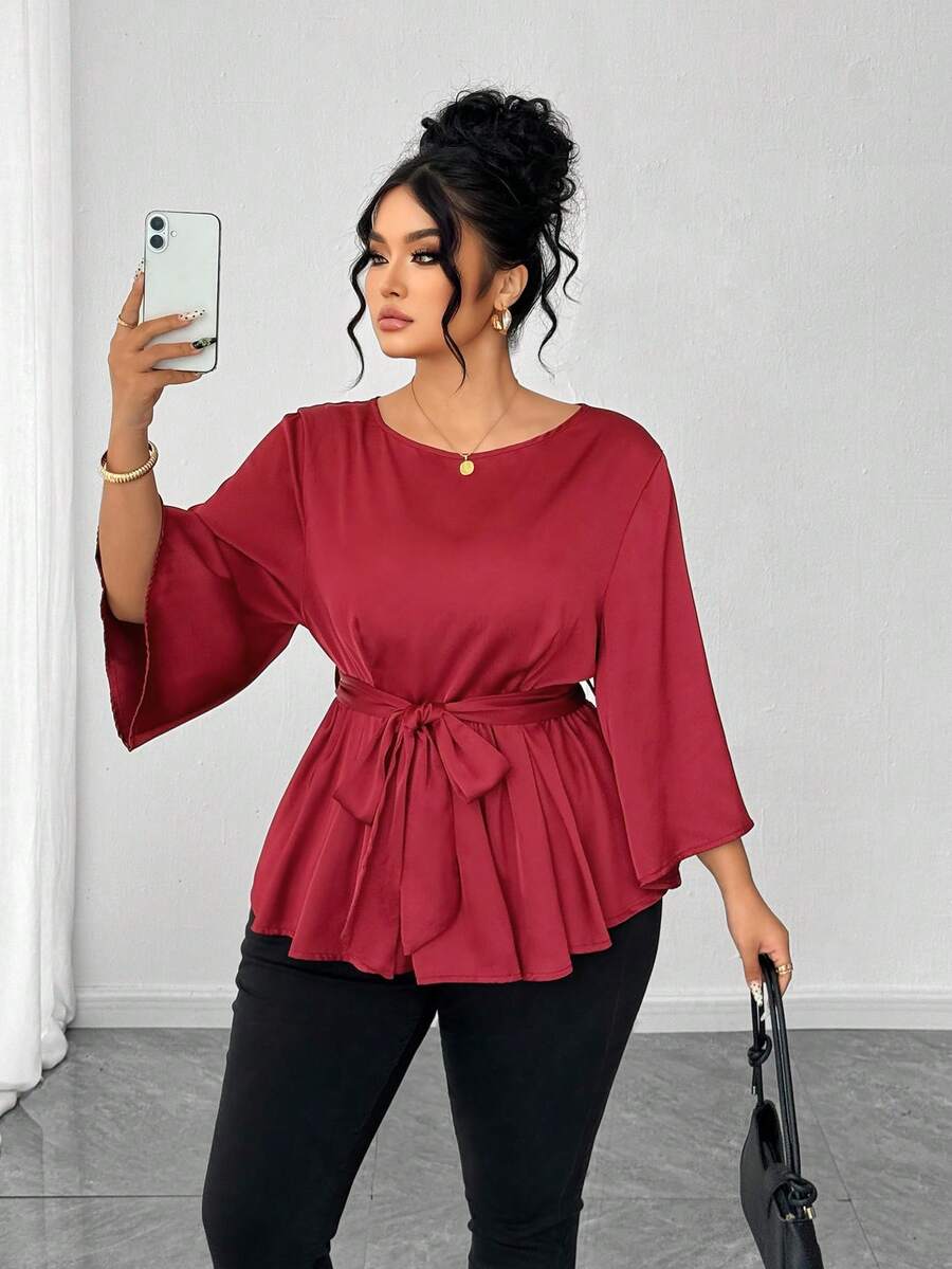 Elenzga Plus Size Round Neck Bell Sleeve Cinched Waist A-Line Blouse - Burgundy - View 1