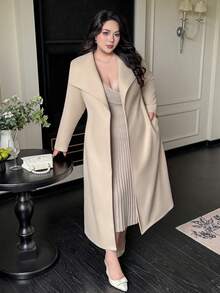 Flirla 大码不对称领厚款花卉图案系带长袖外套 米色 - 杏色 - 查看 7
