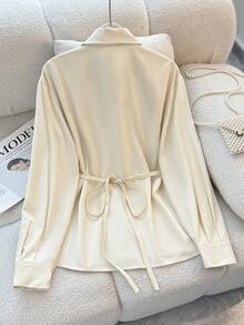 INAWLY Women's Casual Solid Color Cinched Waist Shirt - Apricot - View 3