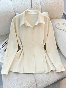 INAWLY Women's Casual Solid Color Cinched Waist Shirt - Apricot - View 1