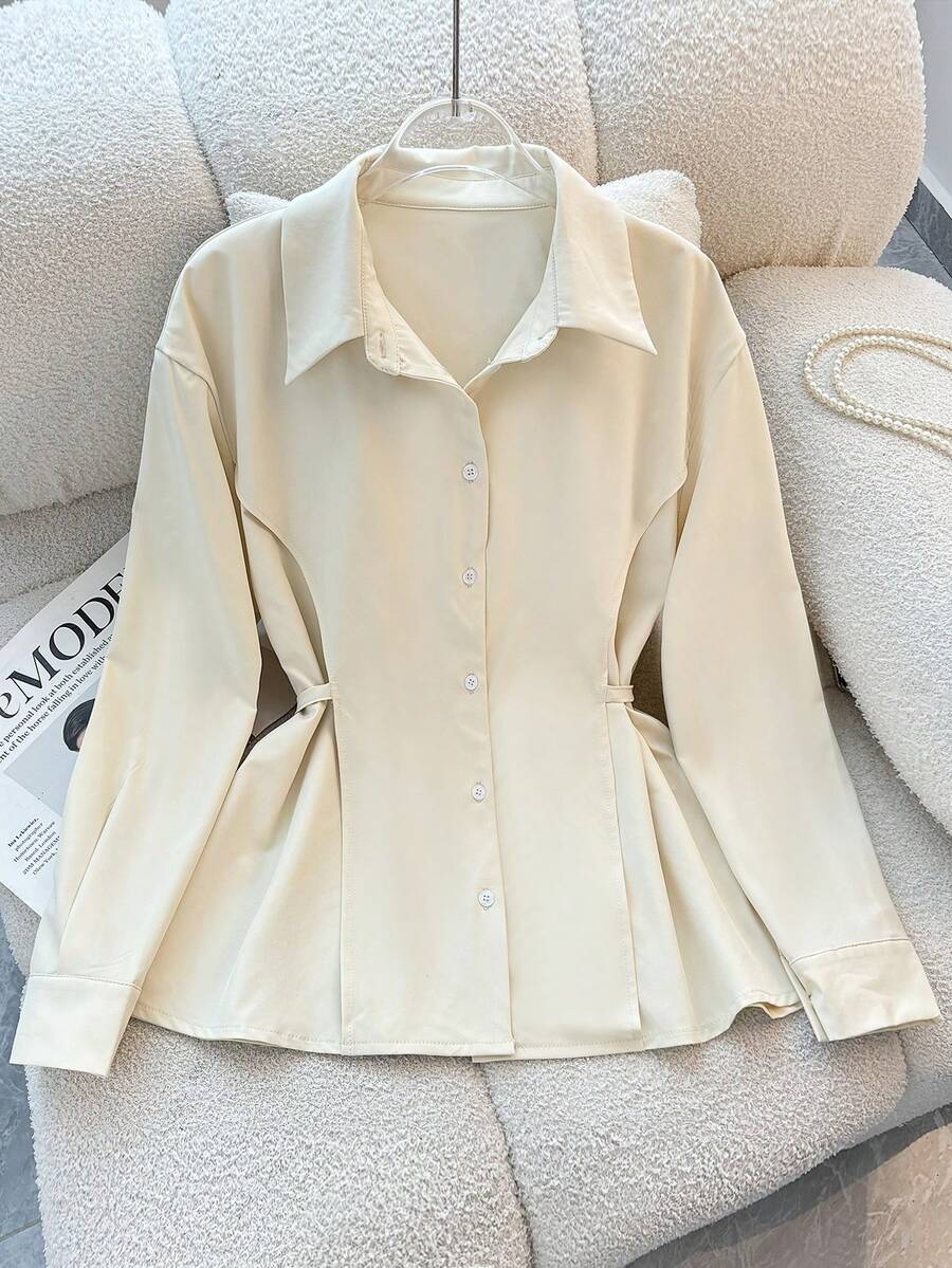 INAWLY Women's Casual Solid Color Cinched Waist Shirt - Apricot - View 1