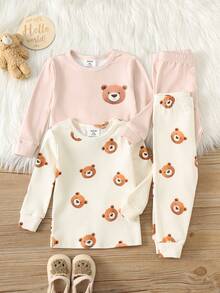 SHEIN Bộ đồ ngủ 4 món cho bé trai, áo len cổ tròn tay dài họa tiết gấu hoạt hình mềm mại và quần dài cạp chun - Nhiều màu - Xem 3
