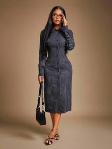 Radiana 大码女式休闲简约藏蓝色条纹衬衫裙，长袖中长修身连衣裙，适合办公室穿着，休闲商务装，通勤、工作、日常外出、聚会等场合，秋季女式竖条纹衬衫裙，商务休闲连衣裙 - 藍色 - 查看 5