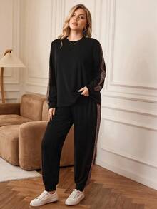 Rosumi Plus Size Casual Loose Long Sleeve Top And Pants 2 Pieces Set,Women's Black Smart Casual Outfit For Autumn Everyday,Cozy Fall New Year Look,Maija - Black - View 6