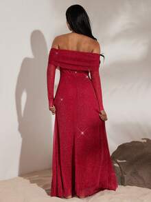 Opulessa Vestido elegante de manga larga con hombros descubiertos, plisado y de unicolor - Burdeos - Ver 2