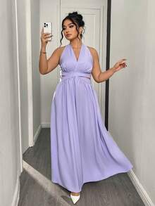 SHEIN Elenzya Váy Maxi không tay xếp ly cỡ lớn dành cho nữ, eo thắt, thiết kế hở lưng gợi cảm - Màu tím  Violet - Xem 6