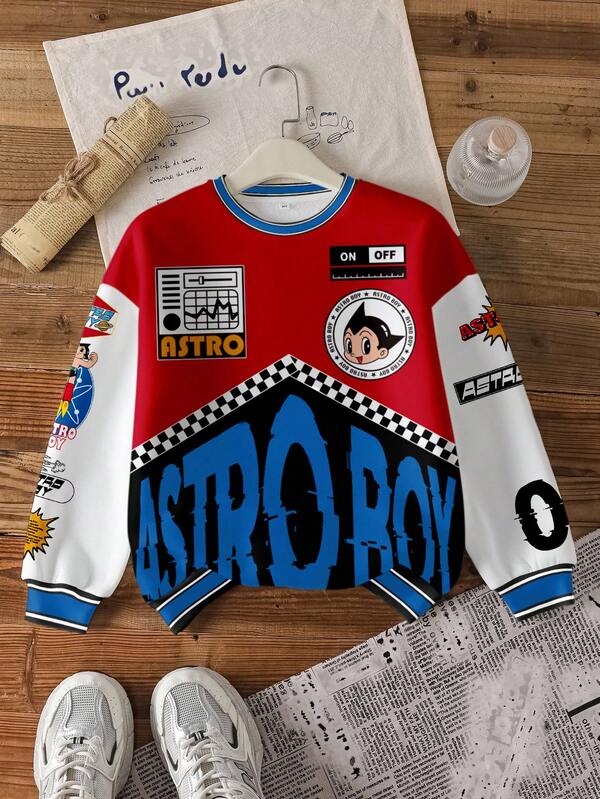 Astro Boy X SHEIN sweat-shirt thermique décontracté pour préadolescent avec bloc de couleurs, lettres et graphiques de dessins animés, automne