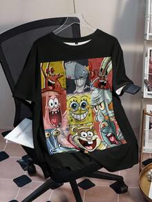 SpongeBob SquarePants | SHEIN Plus Size Women Summer Casual Commuting Fashion Street Cute Cartoon Patchwork Print Loose Black T-Shirt - White - View 1