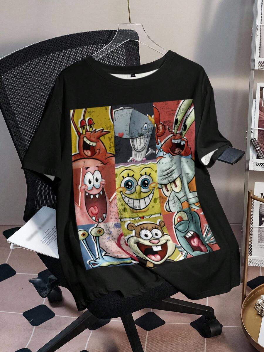 SpongeBob SquarePants | SHEIN Plus Size Women Summer Casual Commuting Fashion Street Cute Cartoon Patchwork Print Loose Black T-Shirt - White - View 1