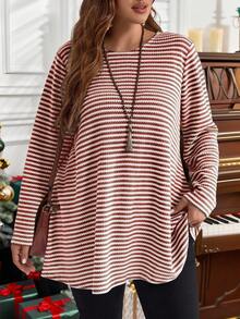 EMERY ROSE 加大码外出上衣女士休闲条纹印花长袖宽松T恤，女士冬季服装 - 酒紅色 - 查看 3