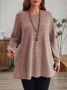 EMERY ROSE 加大码外出上衣女士休闲条纹印花长袖宽松T恤，女士冬季服装 - 酒紅色 - 查看 4
