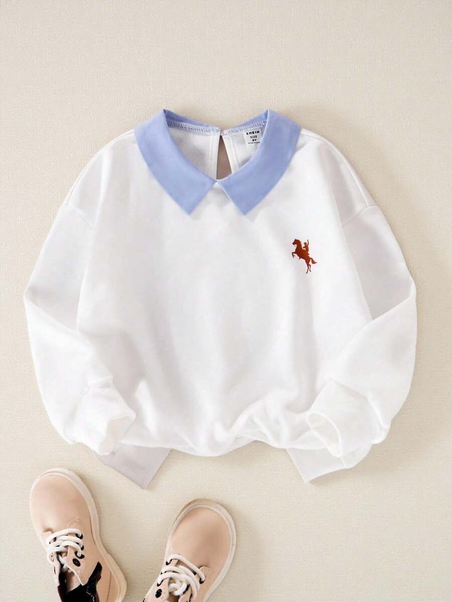 SHEIN Casuvi Kid Girls Autumn Patchwork Collar Long Sleeve Pullover Sweatshirt, Shirt Collar, Equestrian Sports Print Decor, Vintage Casual, Suitable For Daily, Sports, Vacation In Spring And Autumn - White - View 1