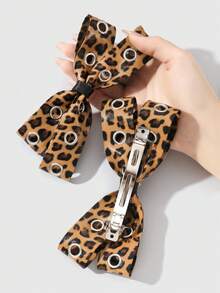 ROMWE Grunge Punk 2个Y2K风格复古优雅朋克哥特黑色皮革双透气蝴蝶结装饰DIY发夹爪发卡，适合姐妹、朋友日常佩戴或节日礼物，万圣节 - 黃棕色-3 - 查看 2