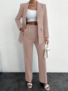 SHEIN Bộ quần dài tay đơn nút cổ tròn đi làm cho nữ, màu trơn thanh lịch - Màu be - Xem 1