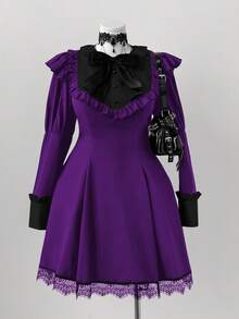 Sunspun Vestido de fiesta de vacaciones lindo con mangas gigot, parches, volantes, moño y empalme de colores contrastantes en corte evasé para mujer de talla grande