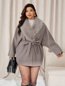 Auralis Plus Size Solid Color Faux Fur Patchwork Long Sleeve Overcoat, Autumn/Winter