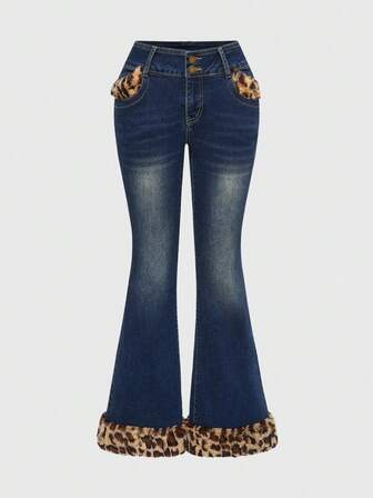 J-Fashion Jeans de mezclilla con parches de estampado de leopardo de piel sintética de cintura baja vintage Y2K