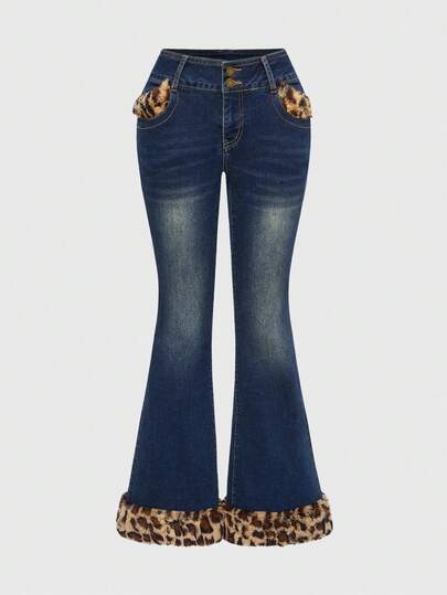 J-Fashion Y2K Low Waist Vintage Faux Fur Leopard Print Patchwork Denim Jeans