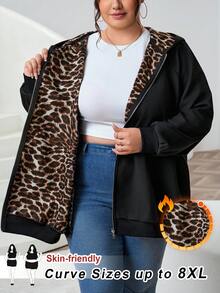 SHEIN CURVE+ Women's Casual Streetwear Leopard Print Warm Lined Hooded Sweatshirt In Plus Size, Black With Side Pockets, Autumn And Winter Styles Fall Vacation - Black - View 9