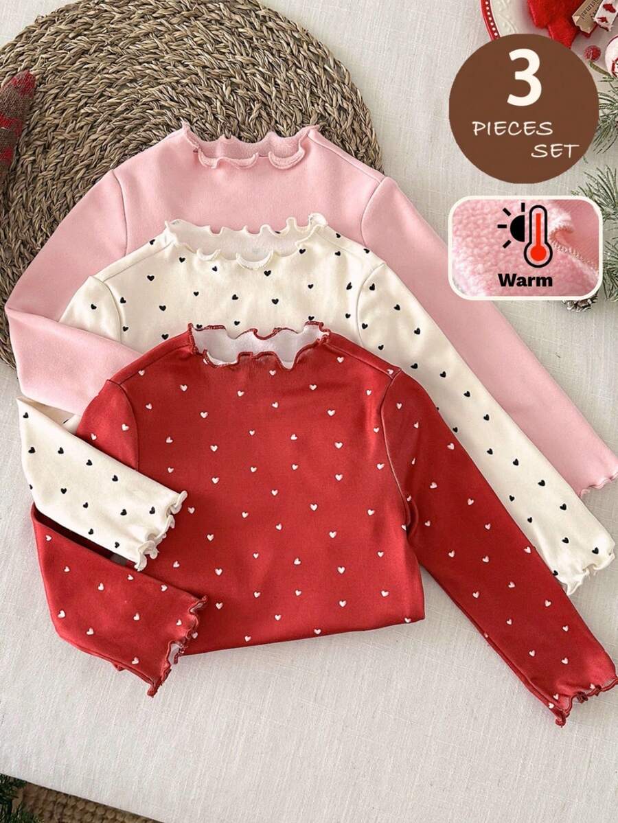 LMoss Kids LMoss 3件套女婴针织纯色爱心图案荷叶领休闲上衣套装,舒适秋冬款式,温暖秋冬风格,圣诞节,冬季服装,上衣,套头衫,长袖上衣,圣诞毛衣,冬季套装 - 彩色 - 查看 1