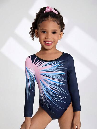 1 Stück Gymnastik-Leotard für Mädchen, langärmeliger digitaldruck süßer Trainingsanzug, dehnbares Tanzkostüm