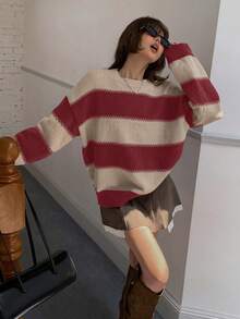 DAZY 女士条纹宽松长袖圆领毛衣 - 紅色 - 查看 5