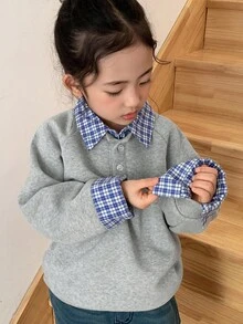 DAZY 女童格子拼接长袖卫衣，秋冬款 - 黑色 - 查看 4