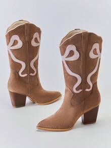 Solezae Women's Glamorous Point Toe Block Heel Embroidery Mid-Calf Cowgirl Boots For Christmas - Apricot - View 2