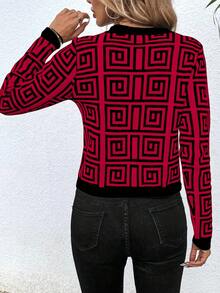 SHEIN LUNE 女士几何图案长袖单排扣休闲薄针织开衫，秋冬 - 酒紅色 - 查看 2
