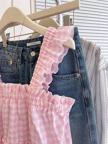 SHEIN PETITE CURVE 大码女式荷叶边格子短袖衬衫 - 淺粉色 - 查看 7