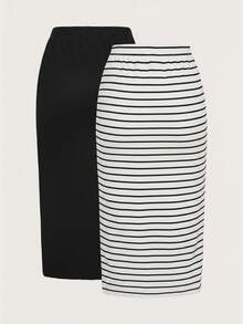 SHEIN LUNE 2pcs Women Casual Striped & Solid Color Skirt Set Skirts Curve 2 Piece Skirt Black And White Skirt Skirts For Women Set Jupe Women