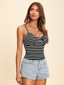 Coeurva Summer Beach Striped Twist Front Cami Corset Top - Black and White - View 4