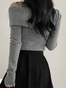 DAZY Off-Shoulder Elastic Fitted Layering Top, Soft Long Sleeve Sweater For Women