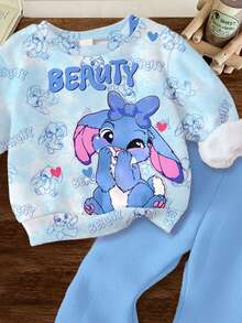 SHEIN 2件套女婴可爱卡通兔子露露，缝线图案，扎染蓝色卫衣和喇叭裤套装，休闲舒适厚实柔软，适合秋冬季穿着 - 彩色 - 查看 3