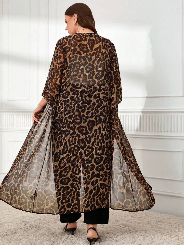Plus Size Women's Casual Leopard Print Longline Kimono Cardigan: Semi-Sheer Woven Fabric, Three-Quarter Sleeves, And Open Front Design For Effortless Style ,Spring
