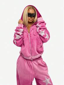 SUMWON WOMEN 棉质水钻星星装饰超大抽绳带中心口袋连帽衫 - 玫紅色 - 查看 1