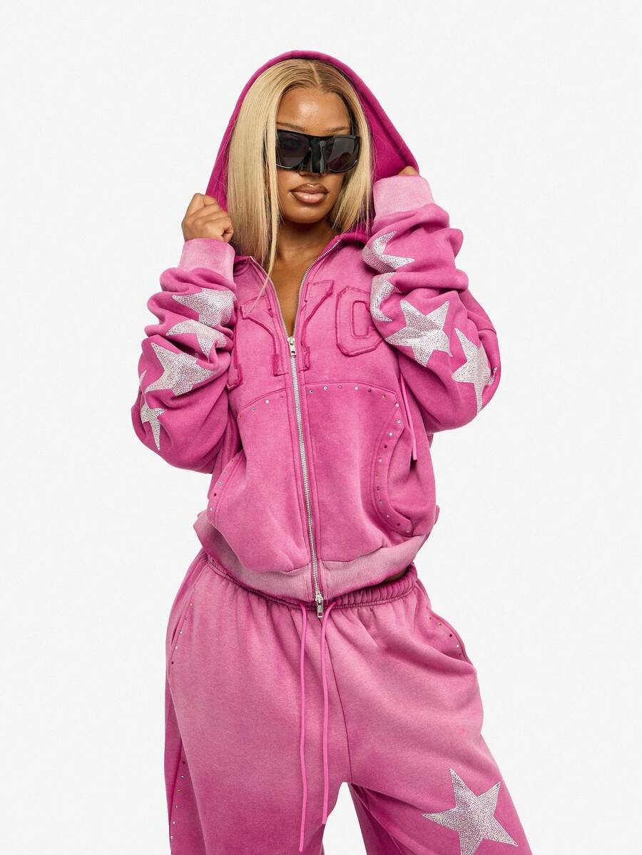 SUMWON WOMEN 棉质水钻星星装饰超大抽绳带中心口袋连帽衫 - 玫紅色 - 查看 1