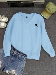 SHEIN EZwear 女士休闲花卉印花超大V领宽松运动衫，浅蓝色和深灰色，适合秋冬季 - 淺藍色 - 查看 4