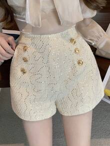 DAZY Solid Color Studded Sequin Design Women's Fashion Shorts - Apricot - View 5