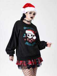 ROMWE Goth 女式哥特式圣诞字母和骷髅印花毛绒拼布圆领运动衫 - 黑色 - 查看 7