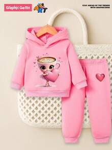 2pcs/Set Baby Girl Cute Cappuccino Ballerina Dancer Heart Print Hooded Fleece Sweatshirt And Fleece Pants Set, Suitable For Outings In Autumn/Winter Fall - Pink - View 7