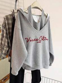 INAWLY 女式华夫格针织刺绣字母连帽套头衫秋季 - 灰色 - 查看 1